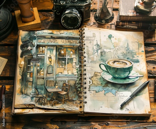 Sketch of a coffee shop in an open notebook