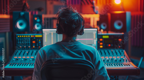A young male sound engineer sits at the console in a recording studio and edits new music.