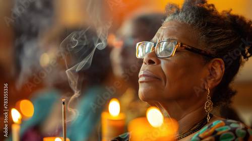 Elderly Woman Reflecting with Burning Incense and Candles