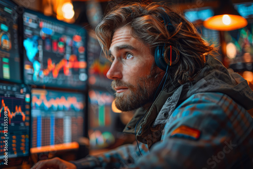 An options trader analyzing volatility levels and implied probabilities, crafting complex trading strategies. Concept of derivatives trading and risk hedging. Generative Ai. photo