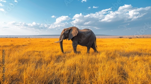 An elephant traverses a field of tall, yellow grass beneath a blue sky White, puffy clouds dot the distant horizon