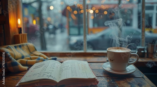 A cup of coffee and a book on a table