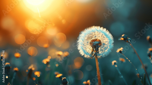 A dandelion is the main focus of the image  surrounded by a field of grass