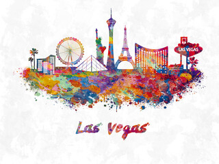 Fotobehang Aquarelschilderij wolkenkrabber  Las Vegas skyline in aquarelstijl  © Artvi