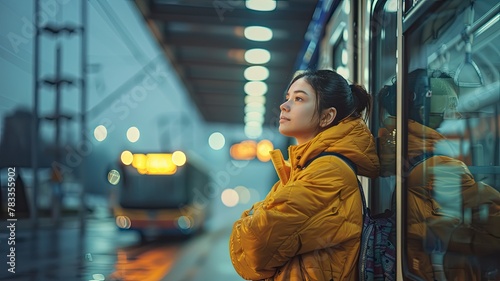 Morning Commute: A Girl Waiting for the Bus at the Bus Station