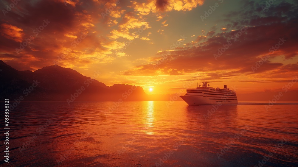 Sailing Serenity: Panoramic Sunset Views with Majestic Mountains