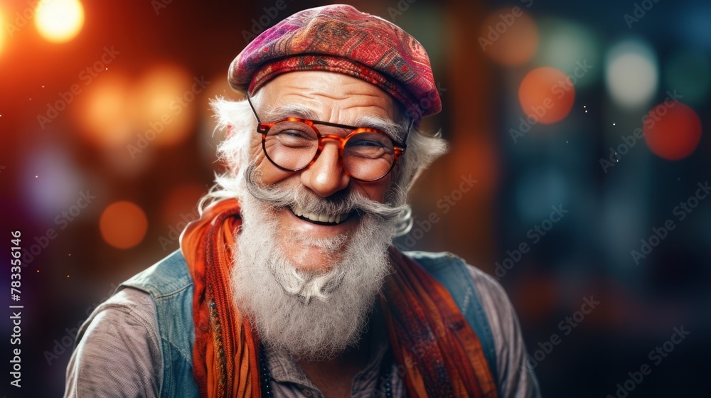 Cultural tradition: close-up of an elderly hipster wearing glasses with a mustache and a cap. Concept: Positive attitude at any age.