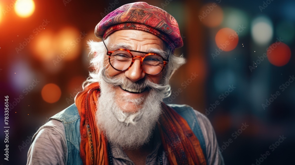 Obraz premium Cultural tradition: close-up of an elderly hipster wearing glasses with a mustache and a cap. Concept: Positive attitude at any age.