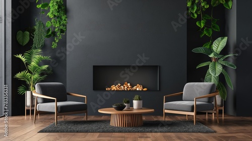 An inviting agency wall for a zoom call background with modern furniture and plants, dark grey wall color photo