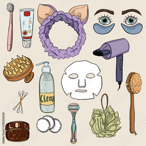 Set of images including various items used by women for self care and bath procedures, beauty, rejuvenation, personal hygiene