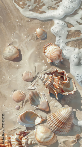 Assorted Seashells on Sandy Beach with Ocean Foam