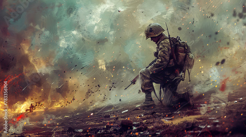 Solitary Soldier Reflecting in War Zone Amidst Chaos © Napat