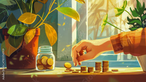 Counting Coins by the Window into a Jar Illustration photo