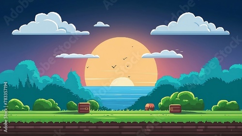 pixel game platform, evening and sunset view, cloudy sky and green grass with bushes, adventure and level, computer graphic vector. Pixelated mobile app video-game