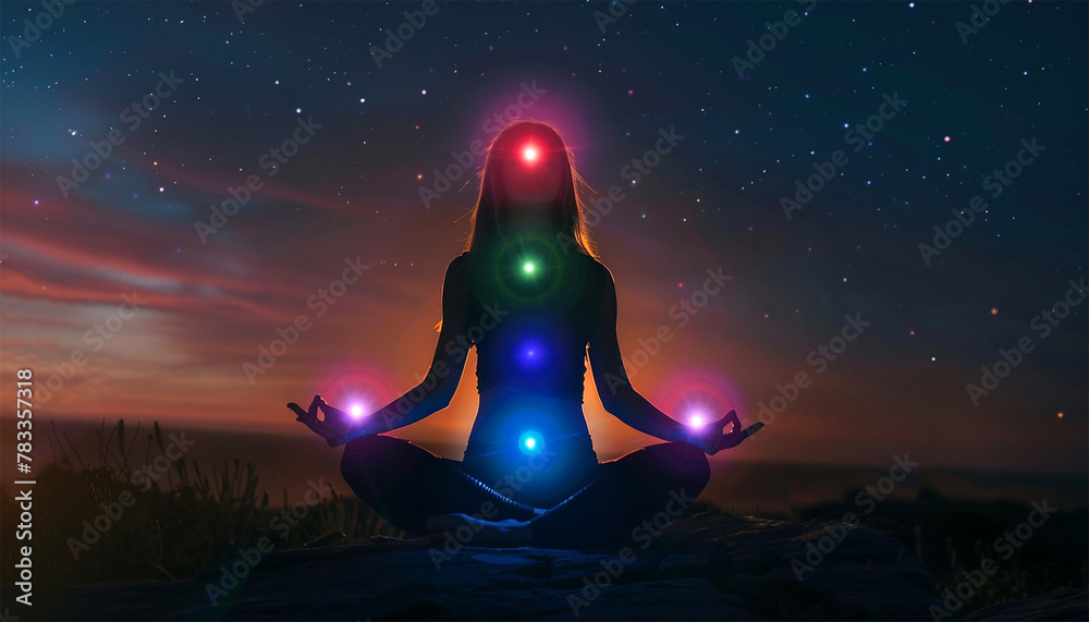 Beautiful woman sits in a pose of a half lotus on high place amazing view of universe with stars outside, she practicing yoga meditation glowing seven all chakra eyes closed calm. Kundalini energy. 