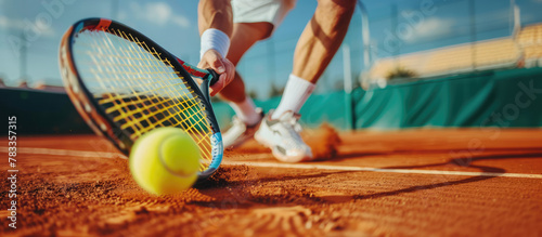 Tennis player is holding racket and hitting ball on tennis court
 photo