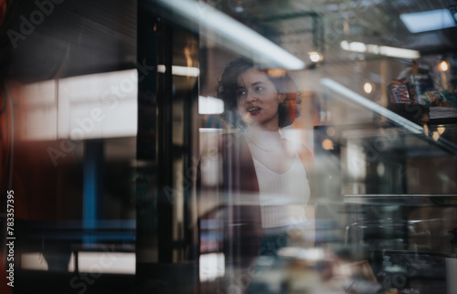 Captivating shot of businesspeople in discussion outdoors, viewable through reflective glass photo