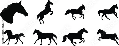 Set of silhouette of horses icon. Isolated vector black silhouette of galloping, jumping running, trotting, rearing horse on transparent background. collection of Side view