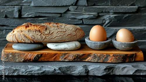  A loaf of bread atop a wooden cutting board, two eggs nearby