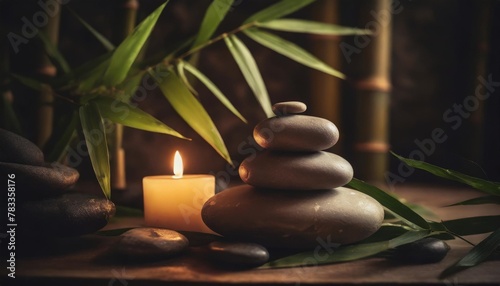 still life spa setting featuring stacked stones a burning candle and bamboo leaves