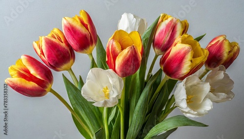 a group of red yellow and white tulip flowers and leaves in a vase isolated on a flat background