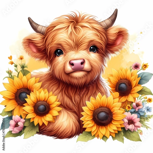 Illustration of a cute baby Highland cow with long hair and sunflowers photo