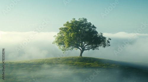 A tree is standing on a hill in the fog