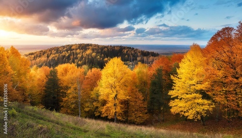 autumn landscape yellow trees in fall forest under moody sunset sky