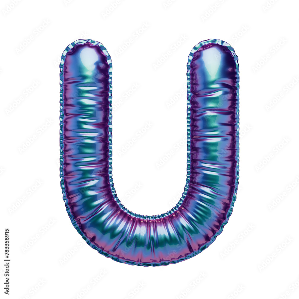 Letter U in the form of a blue-green and purple foil balloon isolated on a transparent background. PNG 3D render. Letter of the Latin alphabet. Metallic volumetric letter with matte texture. Holograph Letter U in the form of a blue-green and purple foil balloon isolated on a transparent background. PNG 3D render. Letter of the Latin alphabet. Metallic volumetric letter with matte texture. Holograph