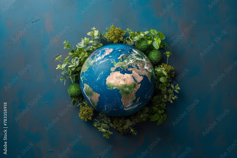Fototapeta premium Earth Surrounded by Green Plants on Blue Background. Generative AI