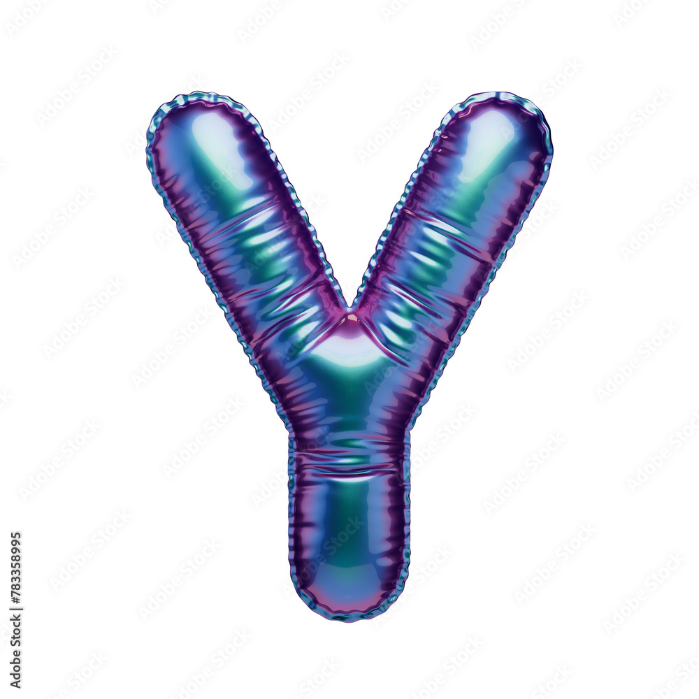 Letter Y in the form of a blue-green and purple foil balloon isolated on a transparent background. PNG 3D render. Letter of the Latin alphabet. Metallic volumetric letter with matte texture. Holograph Letter Y in the form of a blue-green and purple foil balloon isolated on a transparent background. PNG 3D render. Letter of the Latin alphabet. Metallic volumetric letter with matte texture. Holograph