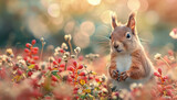 Spring video with cute red squirrel in the spring garden in the branches of a white cherry blossom. Beautiful soft pink white blossom flowers on branch with sunlight shining. Spring landscape
