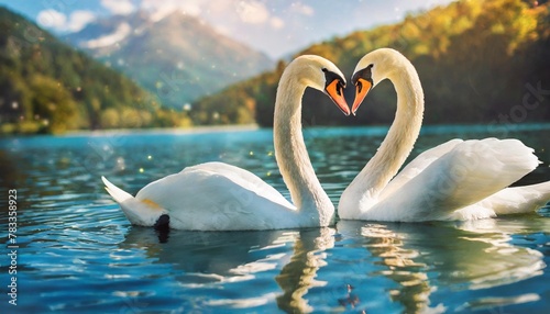 animal wildlife love and fantasy concept two white swans in love swimming in lake swans making heart shape from necks in dreamlike and magical background with copy space generative ai photo