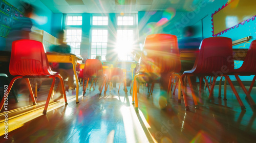 colorful primary classroom, children motion blur sun flare bight background: inclusivity and diversity in Education, Learning through play. photo
