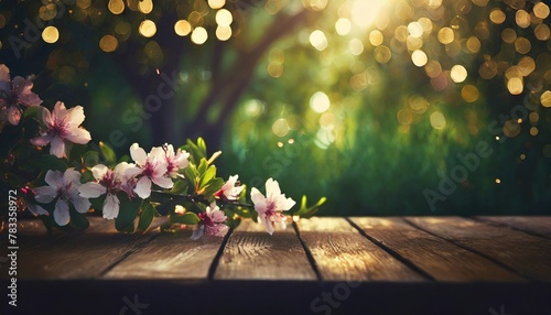 spring time blossoms on wooden table in green garden with defocused bokeh lights and flare effect photo