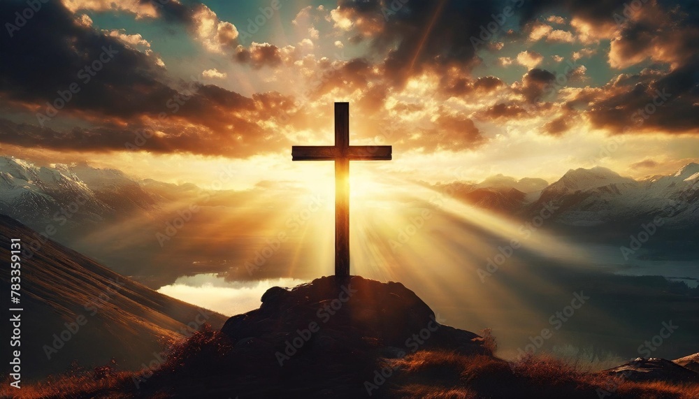 the cross of god in the rays of the sunset background