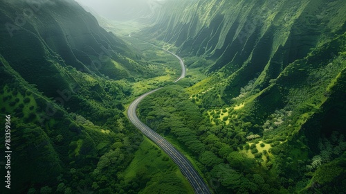 Aerial view of winding road in mountain terrain photo