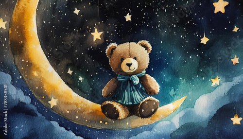 little bear on the moon teddy bear among the stars watercolor illustration decor for a children s room photo
