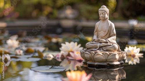 Serene Buddha Statue Amidst Pink Lotus Flowers. A tranquil Buddha statue meditates surrounded by vibrant pink lotus blossoms in a peaceful pond  symbolizing serenity and enlightenment. Vesak Day