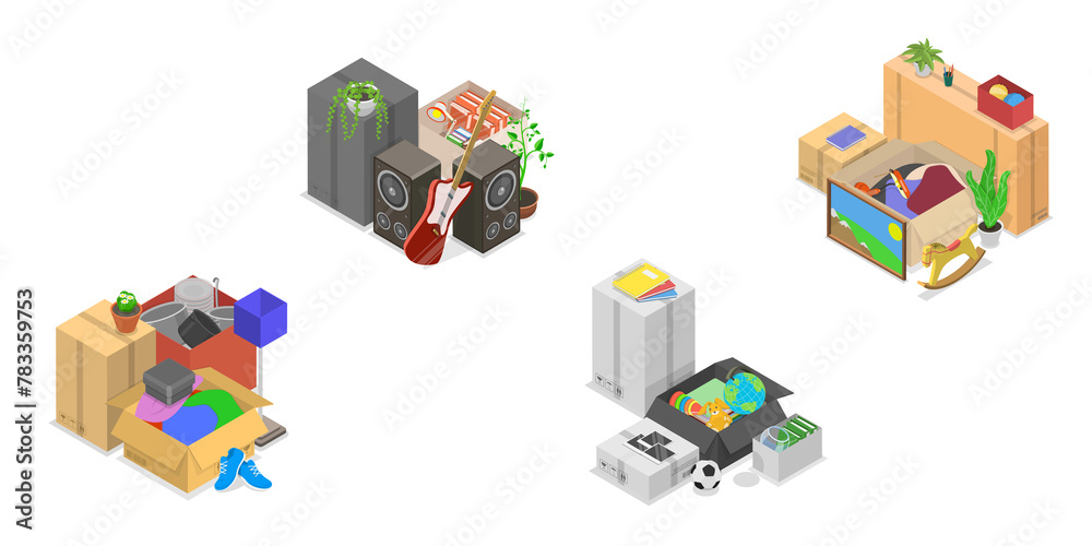 3D Isometric Flat  Set of Stuff For Moving, Boxes Packed with Belongings