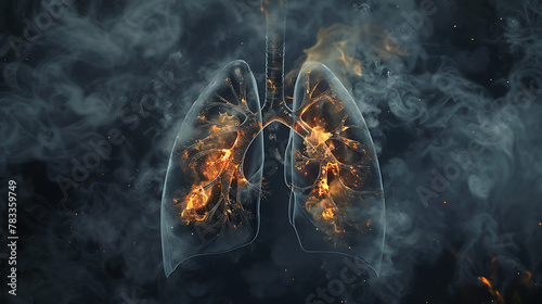 a pair of human lungs surrounded by smoke, with the insides of the lungs appearing to be on fire. photo