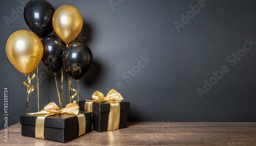 interior mock up scene with black and gold gift boxes and balloons on dark background realistic glossy 3d objects for birthday party or promo posters or banners empty space for poster size design photo
