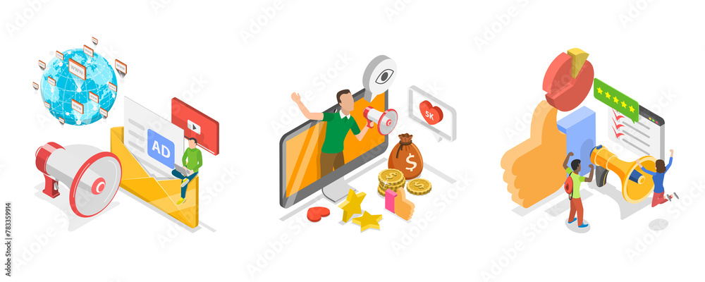 3D Isometric Flat  Illustration of Positive PR, Public Relations Strategies
