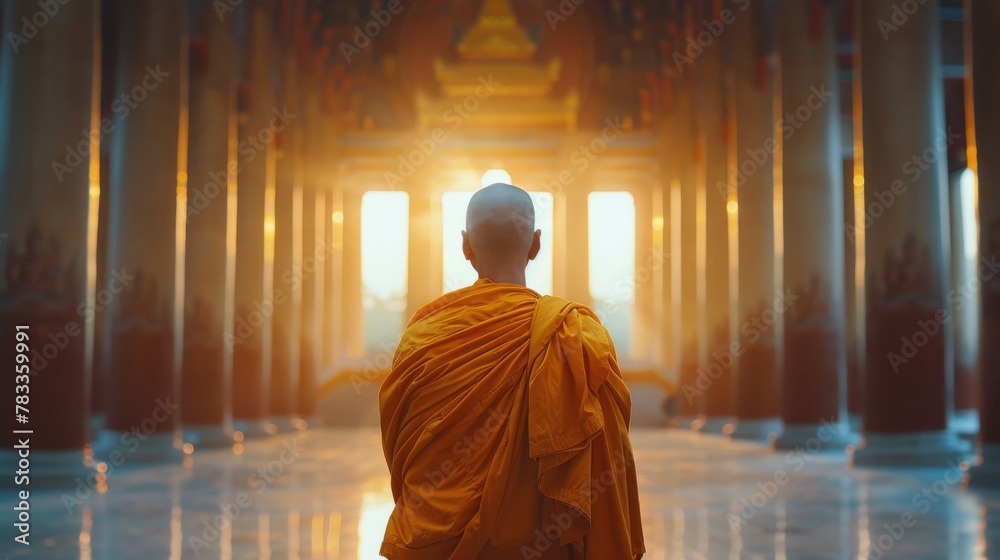 Monk in Orange Robe Standing in Temple Monk in Orange Robe Standing in Temple