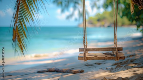 Swing Hanging From Palm Tree on Beach