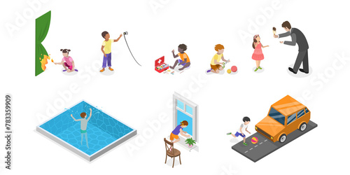 3D Isometric Flat  Set of Kids In Danger Situations, Children Safety © TarikVision