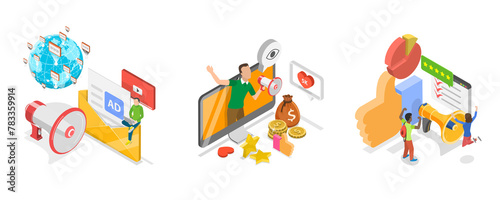 3D Isometric Flat  Illustration of Positive PR, Public Relations Strategies © TarikVision