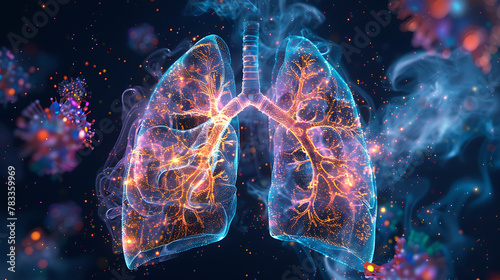 a pair of human lungs enveloped by particles and pathogens, vividly illustrating concepts related to respiratory health or diseases. photo