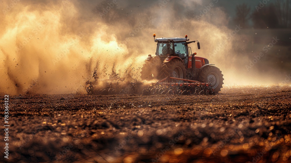 Tractor Plowing Field with Dynamic Soil Dust Cloud. Tractor Plowing Field with Dynamic Soil Dust Cloud.