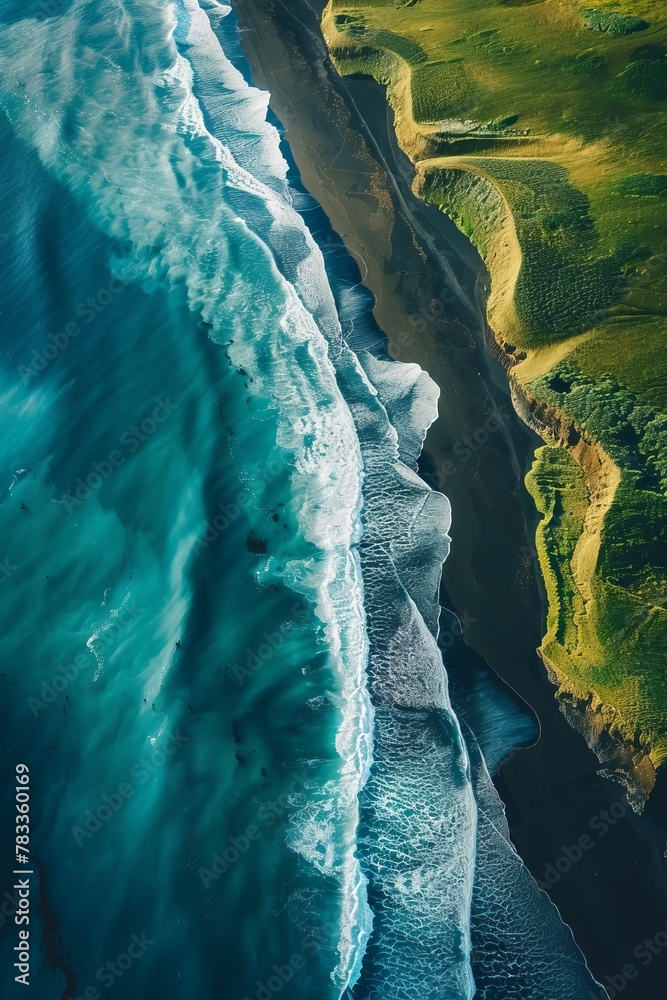 Naklejka premium The black sand beach in Iceland. Aerial view and top view. Beautiful natural backdrop